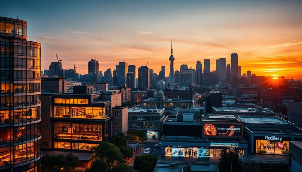 A bustling cityscape at dusk, showcasing the cross-industry impact of subscription models. In the foreground, a mix of modern high-rise buildings and cozy cafes, their windows aglow with the warm light of subscription-based entertainment and dining services. In the middle ground, a retail district featuring sleek, digitally-enabled storefronts offering curated subscription boxes. Further back, the skyline is dotted with corporate towers, representing the growing adoption of subscription-based software and cloud services. The scene is illuminated by a vibrant, golden sunset, creating a sense of dynamic transformation and progress. The composition emphasizes the interconnectedness of industries, blending physical and digital experiences to reflect the evolving subscription economy.