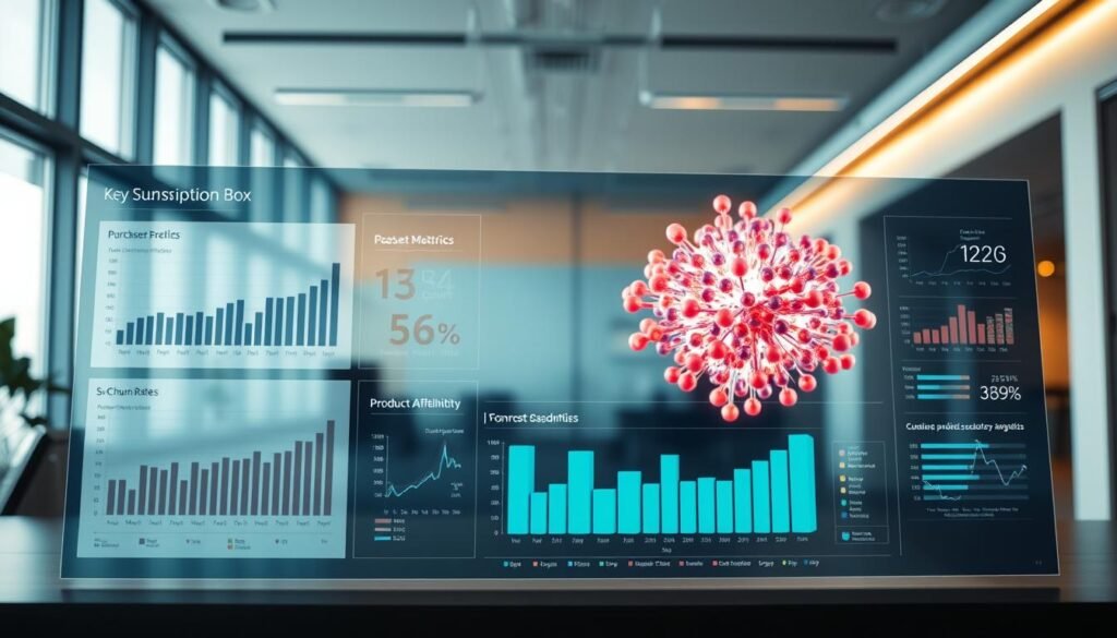 A bustling data visualization dashboard showcasing key subscription box metrics and insights. In the foreground, a clear and concise infographic presents customer purchase trends, product affinities, and churn rates. The middle ground features a 3D model of a data cluster, glowing with vibrant hues and dynamic movement, symbolizing the power of big data analytics. In the background, a sleek, minimalist office setting with floor-to-ceiling windows provides an airy, professional atmosphere. Soft, directional lighting casts a warm glow, highlighting the precision and sophistication of the data-driven decision-making process. The overall scene conveys a sense of innovation, efficiency, and the transformative potential of leveraging big data for subscription box optimization.