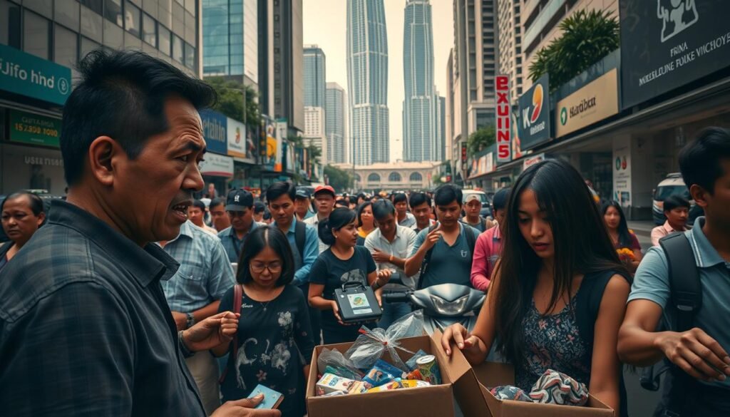 A busy city street in Jakarta, Indonesia, bustling with people and vehicles. In the foreground, a frustrated customer is engaged in a heated discussion with a customer service representative of a subscription box service, their faces etched with tension. The middle ground reveals a diverse array of consumers, some enthusiastically unpacking their subscription boxes while others appear perplexed. In the background, the towering skyscrapers of the modern metropolis loom, symbolizing the rapid digital transformation reshaping the retail landscape. Dramatic lighting casts dramatic shadows, creating a palpable sense of the challenges and opportunities facing the subscription box industry in this dynamic market.
