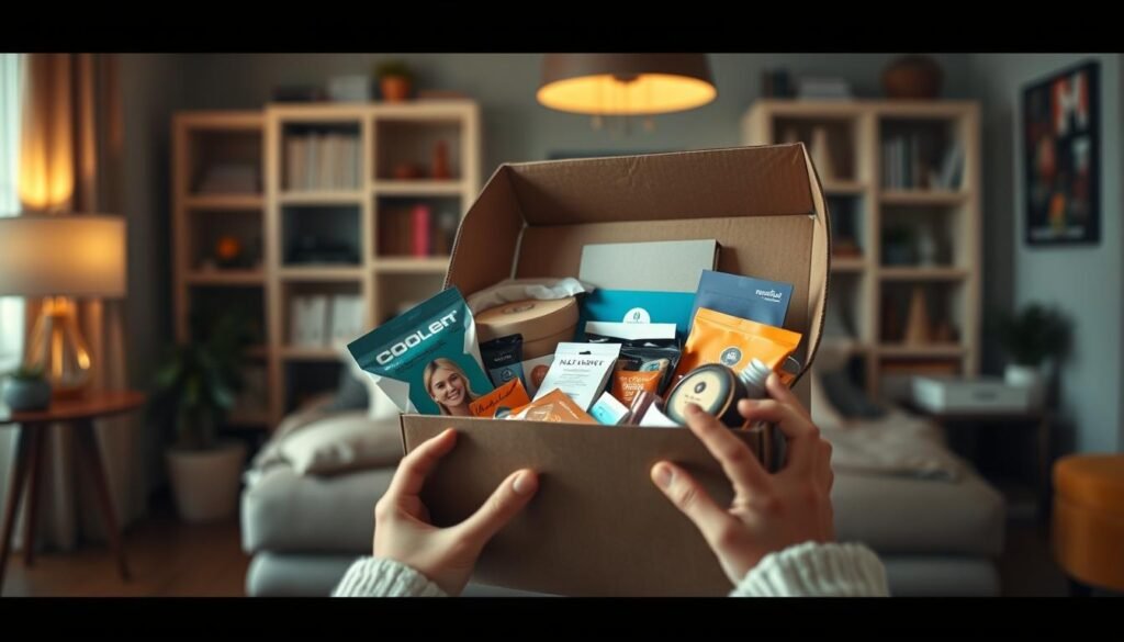 A captivating unboxing experience featuring a stylish subscription box filled with various curated items. In the foreground, a pair of hands gently opening the box, revealing colorful packaging and neatly arranged products such as beauty items, snacks, or gadgets. The background softly blurs to showcase a well-organized room with warm lighting that creates an inviting atmosphere. The scene should be shot from a slightly elevated angle to emphasize the excitement of discovery. The mood is joyful and engaging, drawing the viewer into the experience of receiving and unboxing a subscription box. No text or additional elements should distract from this visual narrative.