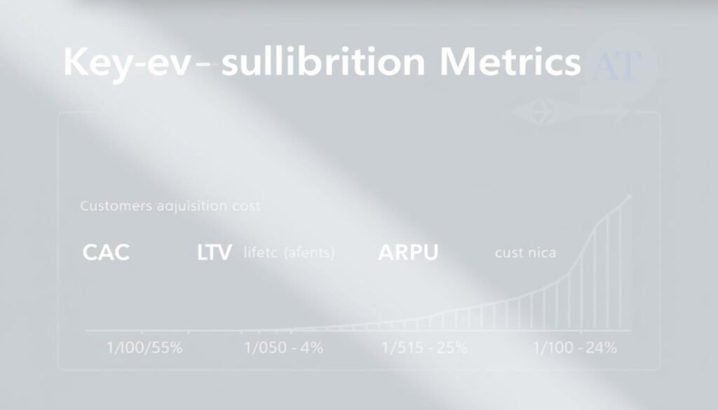 A clean, minimalist data visualization dashboard displaying key subscription metrics: customer acquisition cost (CAC), lifetime value (LTV), average revenue per user (ARPU), and customer retention rate. The dashboard is rendered in a muted color palette with clean lines and simplistic icons, creating a professional, analytical aesthetic. The metrics are presented in a clear, easily digestible format against a softly blurred background, drawing the viewer's attention to the essential data points. Soft, directional lighting creates depth and highlights the information, while a shallow depth of field keeps the focus on the core metrics. An overall sense of precision and measurement pervades the scene, reflecting the importance of carefully tracking these key subscription business indicators.