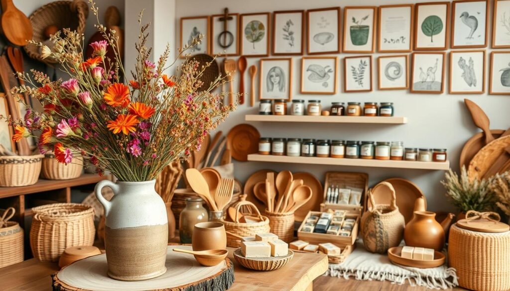 A cozy and inviting display of artisanal home goods, showcasing an array of unique crafts and fair-trade products. In the foreground, a handcrafted ceramic vase filled with vibrant, natural-hued wildflowers stands atop a rustic wood table. Surrounding it, an assortment of woven baskets, hand-carved wooden utensils, and locally sourced textiles create a warm, textured arrangement. In the middle ground, a collection of artisan-made candles and handmade soap bars are displayed on a simple floating shelf. The background features a wall adorned with framed illustrations and prints, reflecting the diverse creative talents of the featured makers. Soft, natural lighting filters through an unseen window, casting a gentle glow and imbuing the scene with a serene, cozy atmosphere.