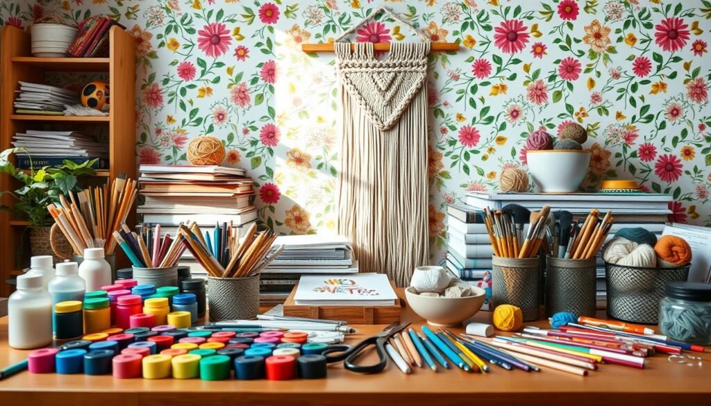 A cozy and vibrant still-life scene showcasing an assortment of crafting supplies and projects. In the foreground, an array of colorful paints, brushes, scissors, and other art materials are arranged neatly on a wooden table. In the middle ground, a partially completed macrame wall hanging, a stack of sketchbooks, and a bowl of yarn balls create a sense of creative energy. The background features a cheerful floral wallpaper pattern, casting a warm, natural light across the scene. The overall composition evokes a sense of playful, homemade craftsmanship and the joy of DIY creativity.