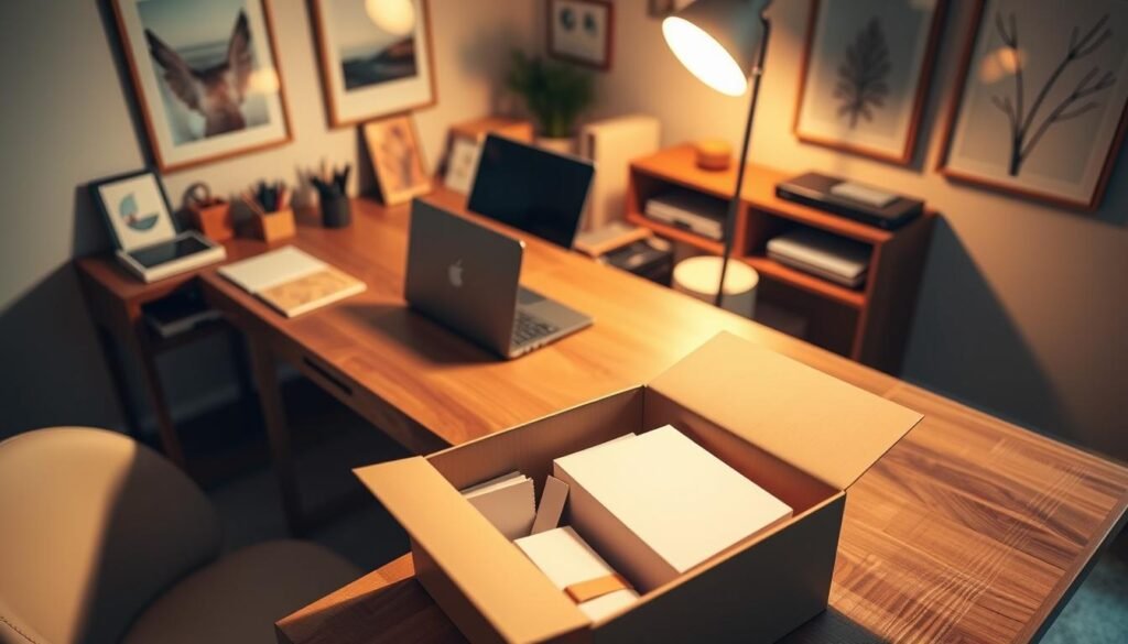 A cozy home office with a wooden desk, a sleek laptop, and a carefully curated array of stationery. In the foreground, a stylish subscription box sits open, revealing its carefully selected contents. The lighting is warm and inviting, casting a soft glow over the scene. The walls are adorned with minimalist art prints, creating a sense of calm and inspiration. The camera angle is slightly elevated, offering a bird's-eye view of the meticulously organized workspace, conveying a sense of order and efficiency. The overall mood is one of productivity, personalization, and the pleasure of anticipating the arrival of a new subscription surprise.