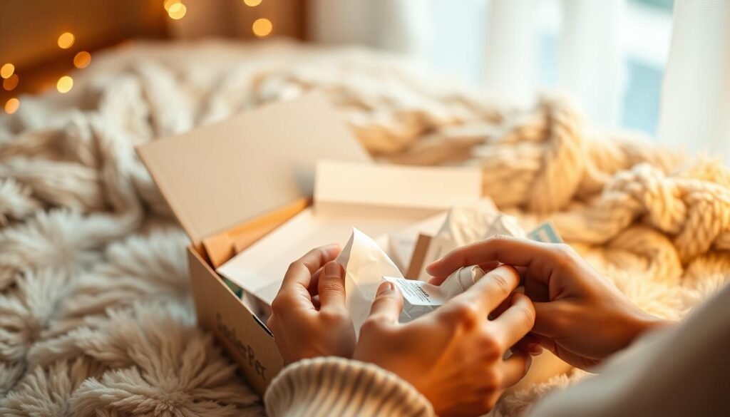 A cozy unboxing scene with a neatly arranged subscription box, its contents spilling out onto a soft, plush surface. Warm, diffused lighting casts a gentle glow, creating an inviting atmosphere. The box's packaging features a clean, minimalist design, subtly hinting at the high-quality products within. In the foreground, a person's hands carefully unwrap the contents, revealing carefully curated items - perhaps a mix of lifestyle, beauty, or gourmet products. The background is blurred, keeping the focus on the unboxing experience. This scene captures the anticipation, delight, and sense of personalized connection that a subscription box can evoke, reflecting the ability of this model to enhance customer loyalty and retention.