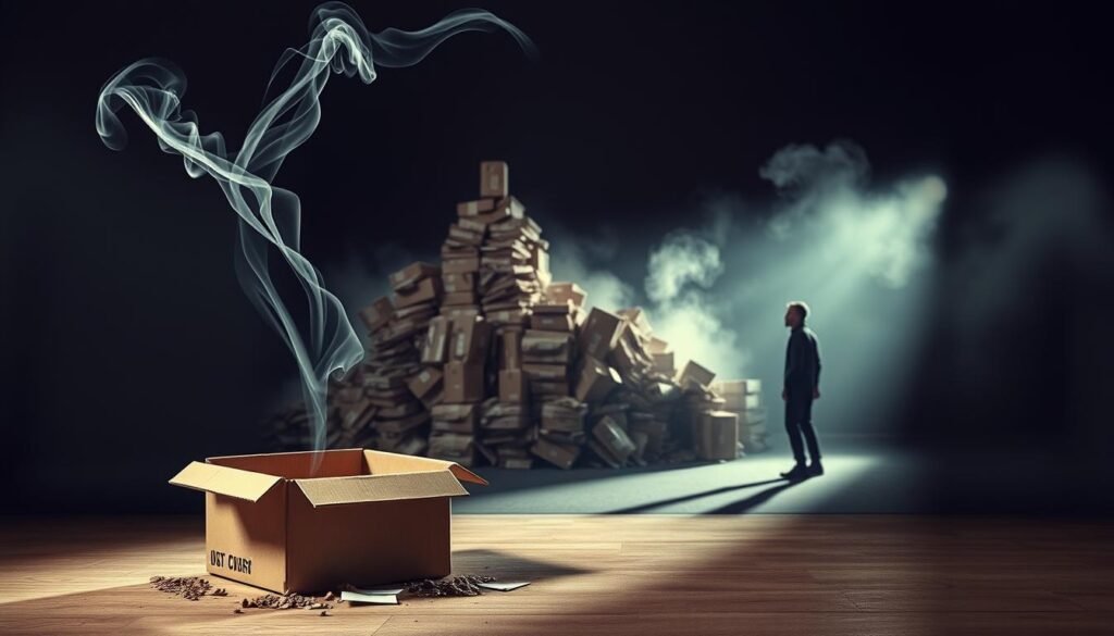 A customer leaves a subscription box service, drifting away like a wisp of smoke into the digital ether. In the foreground, a half-empty cardboard box sits forlornly, its contents scattered and forgotten. The middle ground depicts a towering pile of discarded subscription boxes, a visual representation of the churn rate. In the background, a shadowy figure representing the subscription service provider looks on anxiously, pondering ways to retain customers and maintain a high lifetime value. The scene is shrouded in a somber, muted color palette, conveying a sense of loss and the need for introspection. Dramatic lighting casts long, ominous shadows, emphasizing the gravity of the churn problem.