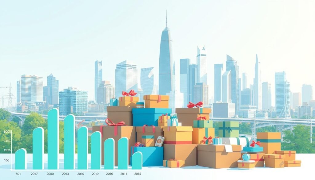 A data-driven illustration of the Indonesian subscription market. In the foreground, a stylized chart or graph showcases the latest growth trends and adoption rates. The middle ground features a diverse array of subscription boxes in varied shapes and colors, representing the diverse product offerings. In the background, a bustling cityscape with modern skyscrapers and infrastructure symbolizes the urban consumer base. The lighting is crisp and clean, with a vibrant, data-centric color palette dominated by blues and greens. The composition is balanced, directing the viewer's eye towards the central data visualization elements.