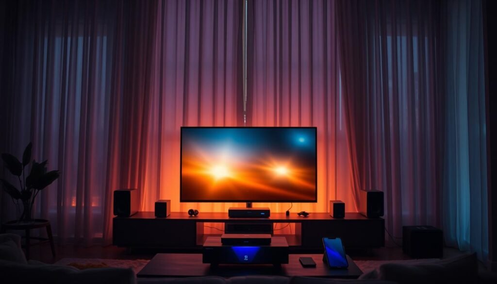 A dimly lit living room, soft ambient lighting filtering through sheer curtains. In the center, a sleek entertainment system with a large flatscreen TV, its screen emitting a warm, flickering glow. Surrounding it, an array of connected devices - a modern streaming box, a high-end sound system, and a smartphone or tablet, all seamlessly integrated. The space exudes a sense of comfort and immersion, inviting the viewer to settle in and lose themselves in the captivating world of digital entertainment. The atmosphere is cozy, intimate, and evocative of the modern streaming experience.