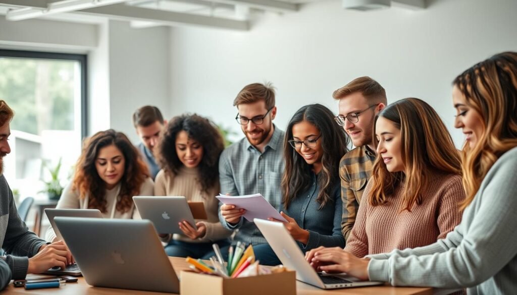 A diverse group of individuals, representing a range of ages, ethnicities, and genders, are gathered in a modern, well-lit workspace. They are engaged in various activities, such as typing on laptops, taking notes, and participating in discussions. The scene conveys a sense of collaboration, productivity, and a shared interest in the subscription box industry. The lighting is soft and natural, creating a warm and inviting atmosphere. The camera angle is slightly elevated, providing a comprehensive view of the workspace and the people within it. The overall composition emphasizes the heterogeneity of the "subscribers" and their active involvement in the industry.