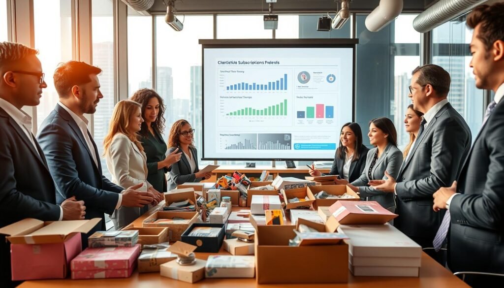 A dynamic business meeting scenario set in a modern office space, focusing on the challenges of the subscription box model. In the foreground, a diverse group of professionals dressed in smart business attire are engaged in a discussion around a table cluttered with various subscription box samples. Some boxes are opened, revealing unique products, while others are stacked neatly. In the middle ground, a large presentation screen displays graphs and statistics related to subscription box trends. The background shows a bright, well-lit office with large windows, offering a view of a bustling cityscape. The atmosphere is serious yet collaborative, with warm lighting that highlights the intensity of brainstorming solutions to the identified challenges. The perspective is slightly elevated, capturing both the team’s expressions and the vibrant workspace.