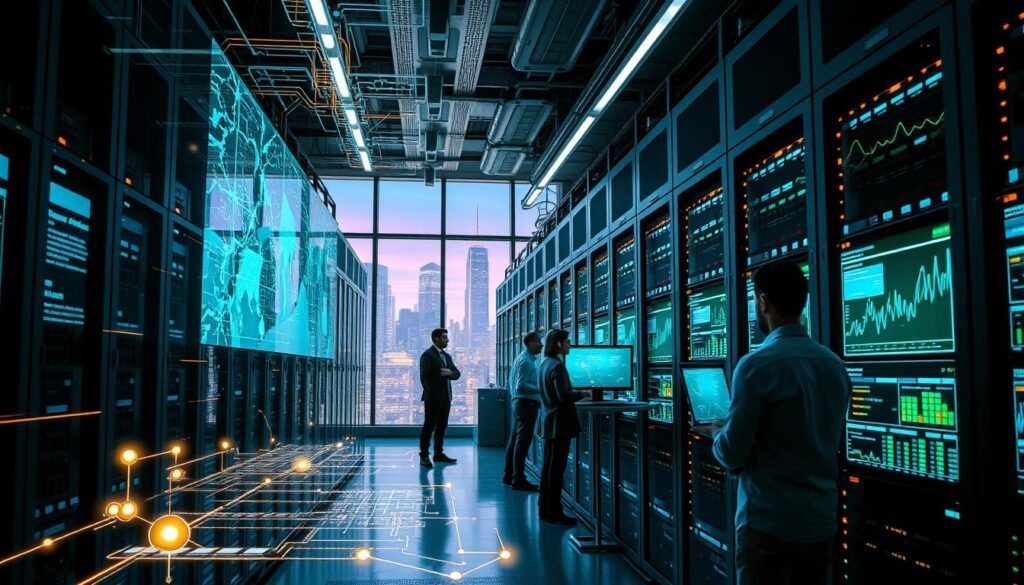 A high-tech data center with rows of servers and glowing displays. In the foreground, a data visualization dashboard shows a complex network of interconnected nodes and data flows. Bright neon lights cast an futuristic glow, while transparent screens display analytics, graphs, and insights. The middle ground features engineers and analysts deeply engaged in their work, studying the data and making strategic decisions. In the background, a city skyline is visible through large windows, emphasizing the integration of big data into the modern business landscape. The overall atmosphere is one of innovation, analysis, and technological prowess.