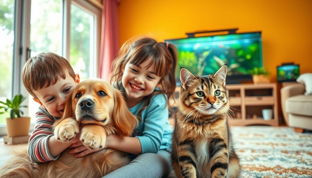 A lively family setting with two young children, a boy and a girl, playing joyfully with their beloved pets. In the foreground, the children are cuddling a fluffy golden retriever and a mischievous tabby cat, their faces beaming with delight. In the middle ground, a cozy living room with vibrant colors and soft lighting sets the scene, hinting at a warm, inviting atmosphere. The background features a large window overlooking a verdant backyard, where a small aquarium can be seen, adding a touch of educational whimsy. The overall mood is one of playfulness, learning, and the special bond between children and their animal companions.