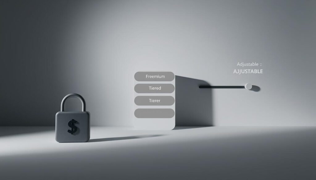 A minimalist, high-contrast scene depicting three overlapping pricing models for a subscription service. In the foreground, a simple, elegant "Freemium" icon - a lock with a dollar sign. In the middle ground, three distinct "Tiered" pricing tiers represented by stacked, gradient-filled rectangles. In the background, an adjustable slider control symbolizing the "Adjustable" model, casting a soft, directional shadow. The overall composition is clean and modern, emphasizing the core pricing strategies with a muted color palette and careful use of negative space to create visual hierarchy and focus. Moody studio lighting from the left casts dramatic shadows, enhancing the sense of depth and three-dimensionality.