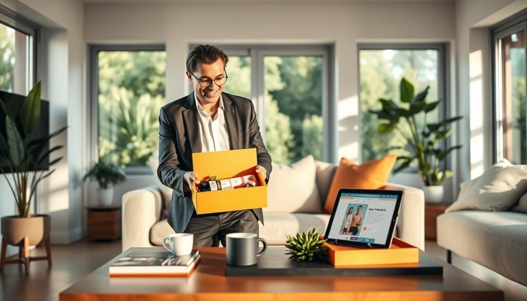 A modern and inviting subscription box service setting, showcasing a sleek, open living room filled with natural light. In the foreground, a well-dressed individual, wearing business casual attire, joyfully unboxes a colorful subscription box filled with neatly arranged products. In the middle ground, a stylish coffee table with a steaming mug, a tablet displaying the subscription platform, and lush indoor plants add to the comfort. The background features large windows with greenery outside, enhancing the feeling of ease and tranquility. Soft, warm lighting casts gentle shadows, creating an inviting atmosphere that emphasizes convenience and a modern shopping experience. The focus should be on the joy of unboxing and the seamlessness of the subscription service. A modern and inviting subscription box service setting, showcasing a sleek, open living room filled with natural light. In the foreground, a well-dressed individual, wearing business casual attire, joyfully unboxes a colorful subscription box filled with neatly arranged products. In the middle ground, a stylish coffee table with a steaming mug, a tablet displaying the subscription platform, and lush indoor plants add to the comfort. The background features large windows with greenery outside, enhancing the feeling of ease and tranquility. Soft, warm lighting casts gentle shadows, creating an inviting atmosphere that emphasizes convenience and a modern shopping experience. The focus should be on the joy of unboxing and the seamlessness of the subscription service.