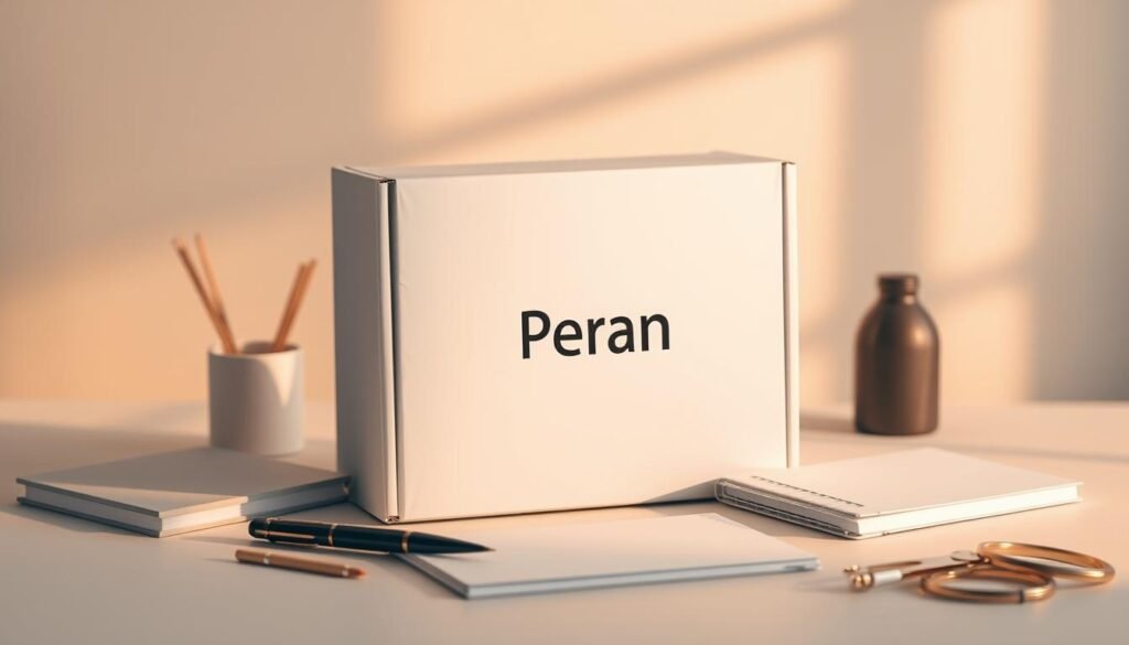 A modern and minimalist subscription box mockup set against a soft, blurred background. In the foreground, a sleek white box with clean lines and the "Peran" brand logo prominently displayed. The box is surrounded by various office and stationery items, such as a pen, a notebook, and a pair of scissors, creating a cohesive and stylish composition. The lighting is warm and subtle, casting gentle shadows and highlighting the textures of the materials. The overall mood is one of professionalism, attention to detail, and a touch of trendiness, reflecting the current subscription box industry trends.