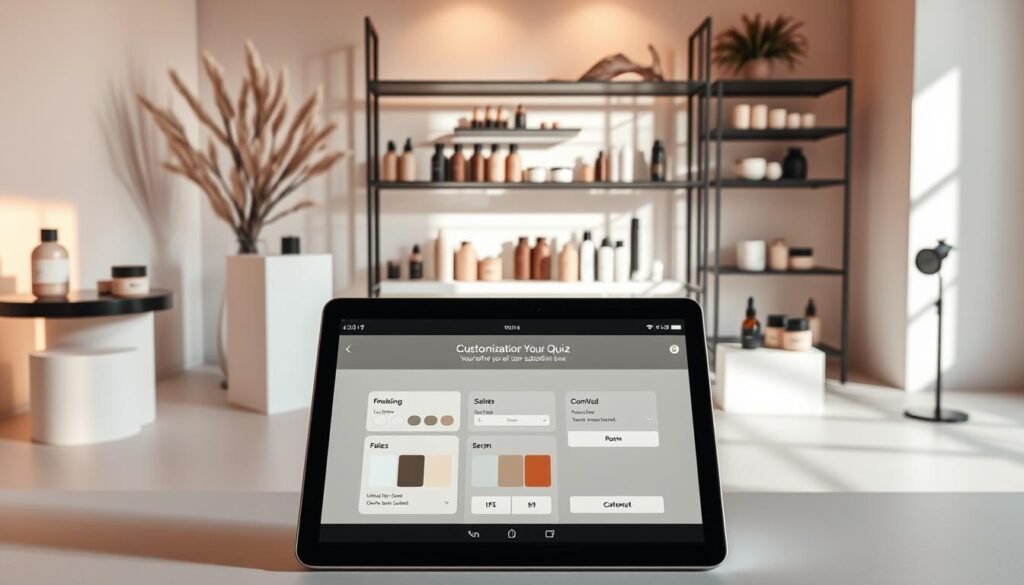 A modern, minimalist studio set showcasing a variety of beauty product packaging, display stands, and interactive digital interfaces. Soft, directional lighting casts warm shadows, highlighting the textures and materials. In the foreground, a sleek tablet displays a customization quiz, with swatches, sliders, and dropdown menus allowing the user to personalize their perfect self-care subscription box. The background features elegant shelving units displaying an array of artfully arranged lotions, serums, and cosmetics in muted, earthy tones. The overall mood is one of sophisticated simplicity, reflecting the personalized, high-quality nature of the subscription service. A modern, minimalist studio set showcasing a variety of beauty product packaging, display stands, and interactive digital interfaces. Soft, directional lighting casts warm shadows, highlighting the textures and materials. In the foreground, a sleek tablet displays a customization quiz, with swatches, sliders, and dropdown menus allowing the user to personalize their perfect self-care subscription box. The background features elegant shelving units displaying an array of artfully arranged lotions, serums, and cosmetics in muted, earthy tones. The overall mood is one of sophisticated simplicity, reflecting the personalized, high-quality nature of the subscription service.