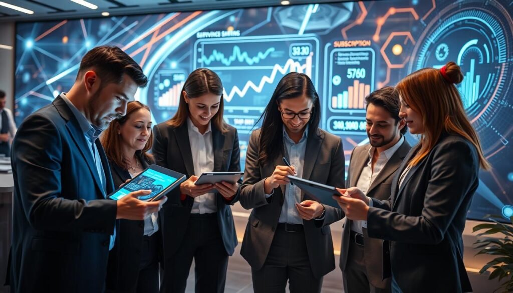 A modern office environment showcasing the impact of technology on servitization. In the foreground, a diverse group of professionals in business attire collaboratively interacting with digital interfaces, analyzing subscription box data on tablets. The middle ground features sleek, futuristic display screens showcasing graphs and service statistics, highlighting innovation and digital transformation. The background includes geometric shapes and abstract technology patterns swirling around, conveying a sense of acceleration and progress. Bright, dynamic lighting casts a sense of optimism and forward-thinking. The overall mood is energetic and focused, reflecting a thriving business atmosphere infused with advanced technology. A modern office environment showcasing the impact of technology on servitization. In the foreground, a diverse group of professionals in business attire collaboratively interacting with digital interfaces, analyzing subscription box data on tablets. The middle ground features sleek, futuristic display screens showcasing graphs and service statistics, highlighting innovation and digital transformation. The background includes geometric shapes and abstract technology patterns swirling around, conveying a sense of acceleration and progress. Bright, dynamic lighting casts a sense of optimism and forward-thinking. The overall mood is energetic and focused, reflecting a thriving business atmosphere infused with advanced technology.