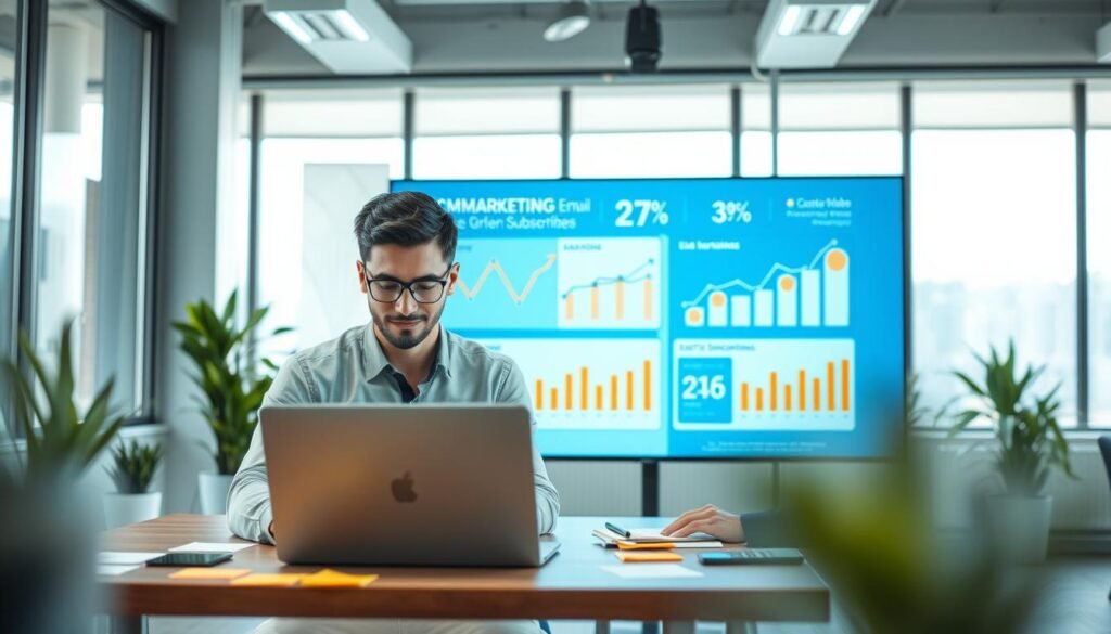 A modern office workspace scene focusing on email marketing subscription strategies. In the foreground, a professional wearing business attire is working on a laptop, intently drafting an email campaign, surrounded by colorful sticky notes and charts. In the middle ground, a large digital screen displays visually appealing graphs and statistics related to email engagement and retention rates, accompanied by icons representing subscribers. The background features sleek office decor with potted plants and large windows allowing soft, natural light to flood the space, creating an inviting atmosphere. The mood is energetic and focused, embodying the blend of technology and creativity essential for effective email marketing. The image should be bright and polished, with a shallow depth of field focusing on the subject in the foreground.