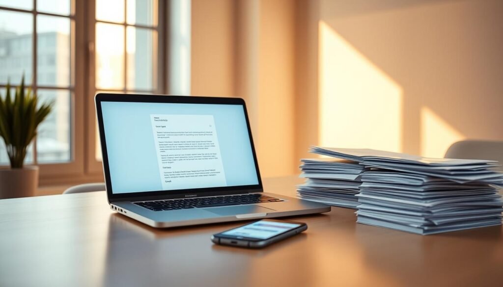 A modern office workspace with a laptop, smartphone, and stacks of paper representing email and social media communications. Warm, diffused lighting from a large window illuminates the scene, creating a cozy, productive atmosphere. The laptop screen displays an email draft, while the smartphone shows a social media feed, symbolizing the integration of digital and traditional channels in ongoing customer engagement. Subtle hues of blue and gray complement the clean, minimalist aesthetic, evoking a sense of professionalism and efficiency. The composition emphasizes the importance of seamless, multi-channel customer interactions in building long-term brand loyalty.
