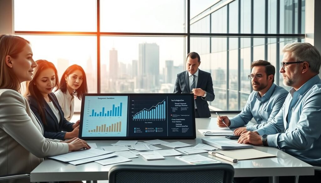 A professional business meeting takes place in a modern office setting, emphasizing the challenges of implementing servitization. In the foreground, a diverse group of five business professionals—two women and three men—are engaged in a dynamic discussion, showcasing expressions of determination and focus. They are dressed in smart business attire. The middle layer shows a large digital screen with graphs and charts illustrating subscription trends, while scattered documents and notes are on the table, indicating intense preparation. The background features a city skyline through floor-to-ceiling windows, reflecting innovation and progress. Soft, natural light filters through the glass, creating a vibrant, hopeful atmosphere. The image captures a blend of collaboration and strategic thinking, embodying the hurdles faced in adopting servitization.