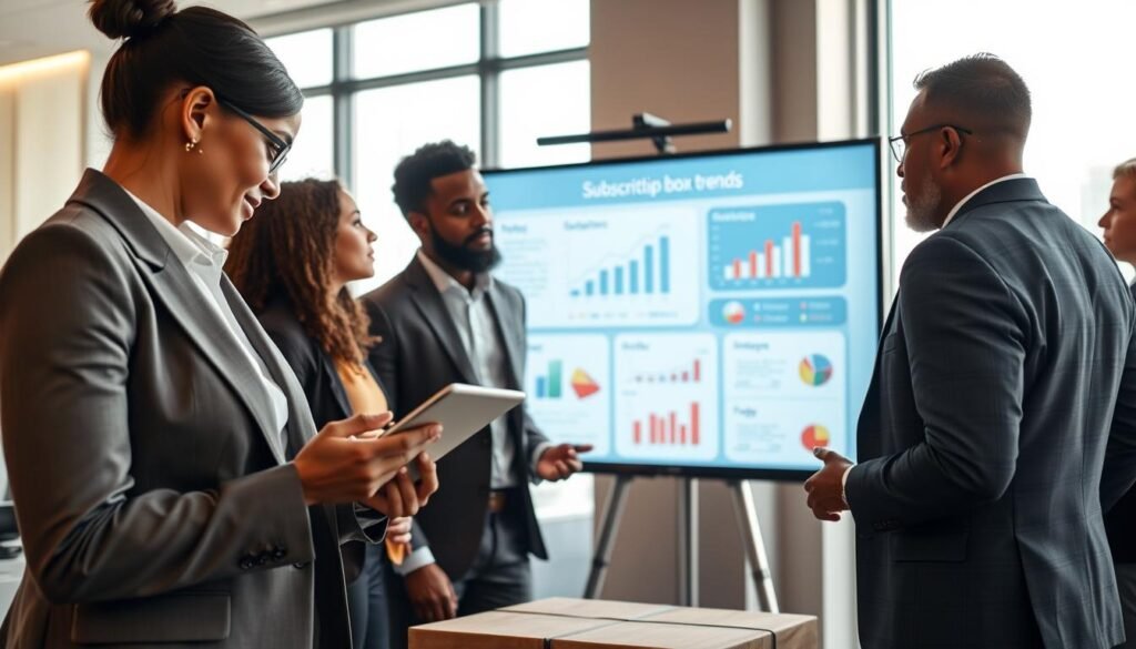A professional business setting featuring a diverse group of individuals engaged in a collaborative discussion about customer loyalty influenced by servitization. In the foreground, a businesswoman in a smart suit analyzes data on a tablet, her expression focused and insightful. In the middle ground, a man in a well-fitted blazer presents visuals on a screen depicting subscription box trends, showcasing graphs and charts. The background subtly includes elements of a modern office, with a large window allowing natural light to flood the space, creating an uplifting atmosphere. The lighting is bright and warm, enhancing the mood of innovation and cooperation. The composition is shot from a slight angle, giving depth and emphasizing the dynamic interaction among the participants.