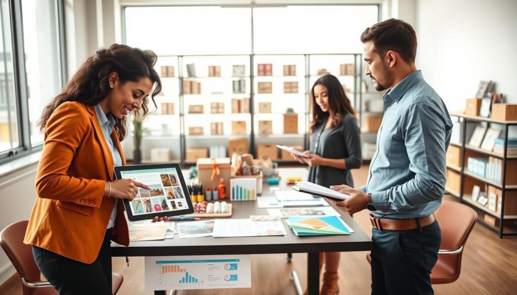 A professional workspace dedicated to the planning and management of a subscription box production. In the foreground, a diverse team of three individuals in smart casual attire, with one pointing at a digital tablet displaying subscription box designs, while another takes notes on a notepad. The middle ground features a large conference table scattered with colorful product samples, a calendar, and charts depicting production timelines and stock levels. In the background, a soft-focus shelf displays neatly arranged subscription boxes and marketing materials. The lighting is bright and inviting, mimicking natural light from large windows. The mood is collaborative and industrious, emphasizing focus and creativity in business strategy.