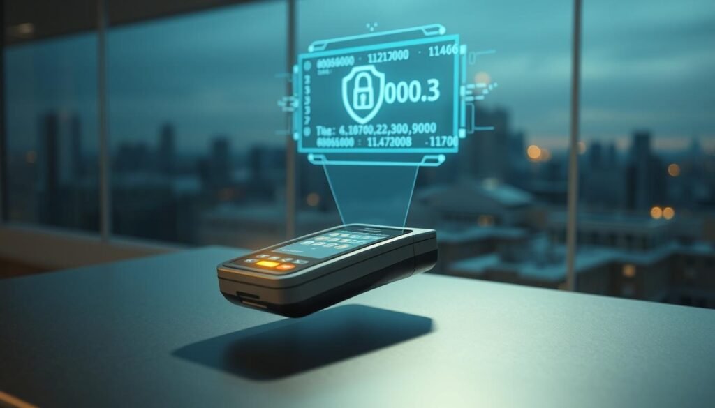 A secure, futuristic payment system set in a sleek, modern environment. In the foreground, a contactless payment terminal with a glowing interface hovers above a minimalist, metallic surface. Soft, directional lighting illuminates the scene, casting gentle shadows that accentuate the clean, angular design. In the middle ground, a holographic display projects encrypted transaction data, conveying a sense of advanced security and data protection. The background features a subtly blurred cityscape, hinting at the broader digital infrastructure that enables this seamless payment experience, all while maintaining a sense of privacy and confidentiality.