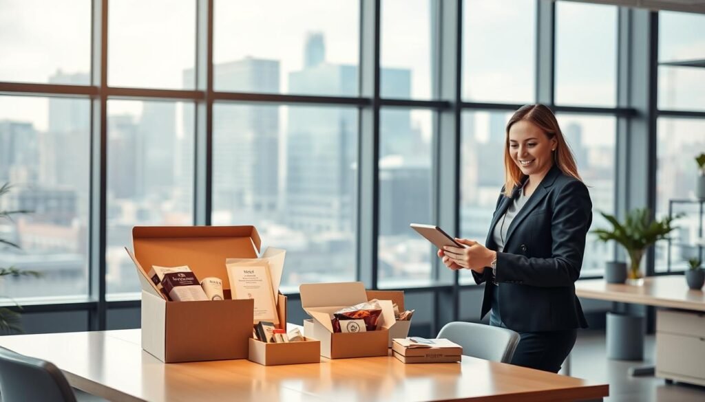 A serene, well-lit office interior showcasing the strategic benefits of subscription box servitization for both businesses and customers. In the foreground, a professional-looking woman in smart casual attire stands next to a neatly organized desk, smiling warmly as she interacts with a customer on a tablet device. The middle ground features a stylish, minimalist subscription box display, highlighting the personalized, sustainable offerings. The background depicts a large window overlooking a bustling urban landscape, conveying a sense of growth, connectivity, and the future of personalized retail experiences.