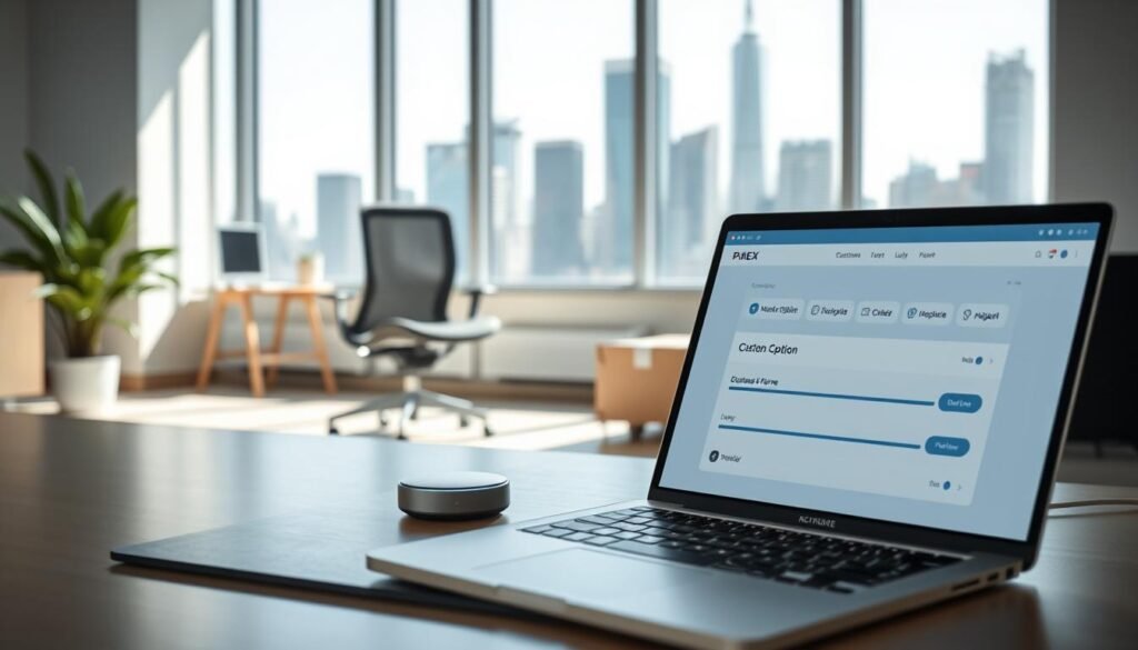 A serene, well-lit office space with clean lines and minimalist decor. In the foreground, a modern laptop displays a user interface with customizable subscription options, icons, and sliders. The middle ground features a stylish ergonomic chair and a smart home device, showcasing the integration of technology and personalization. The background depicts a large window overlooking a bustling city skyline, reflecting the dynamic nature of the subscription industry. The overall mood is one of efficiency, innovation, and a seamless user experience.