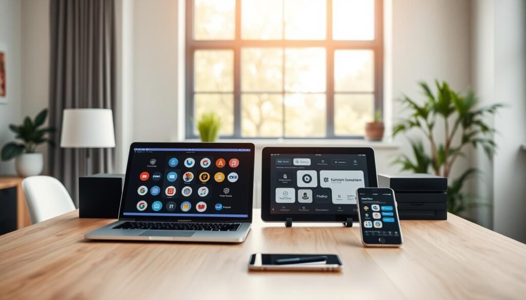 A sleek, modern office desk with a laptop, a tablet, and a smartphone arranged neatly. The desk is made of a light-colored wood, and the devices display various subscription service icons and interfaces. The room is filled with soft, natural lighting from a large window, creating a warm and inviting atmosphere. The scene conveys the convenience and flexibility of a subscription-based business model, catering to the digital needs of the modern consumer.