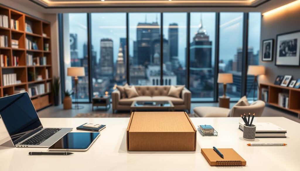 A sleek, modern office interior with a large window overlooking a vibrant cityscape. In the foreground, a minimalist desk with a laptop, tablet, and a neatly arranged array of office supplies. On the desk, a physical subscription box is prominently displayed, its packaging design conveying a sense of premium quality and exclusivity. The middle ground features a comfortable seating area with plush, contemporary furnishings, suggesting a space for collaboration and content creation. The background is filled with bookshelves, framed artwork, and warm, indirect lighting, creating a professional yet cozy ambiance. The overall scene conveys the idea of a successful, technology-driven subscription business model thriving in an urban, servitized environment.
