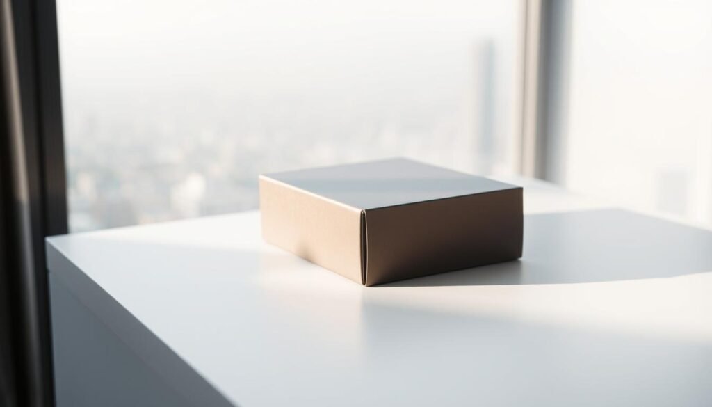 A sleek, modern subscription box rests on a minimalist white surface, casting a subtle shadow. The box features clean lines, muted tones, and a tactile, premium material like brushed metal or leather. The lighting is soft and diffused, highlighting the textural details and creating a sense of refinement. In the background, a blurred cityscape or nature scene provides a contextual hint, conveying a lifestyle aesthetic. The overall composition is well-balanced, drawing the viewer's attention to the central subscription box as the focal point, representing the "Replenishment, Curation, and Access" model of successful subscription services.