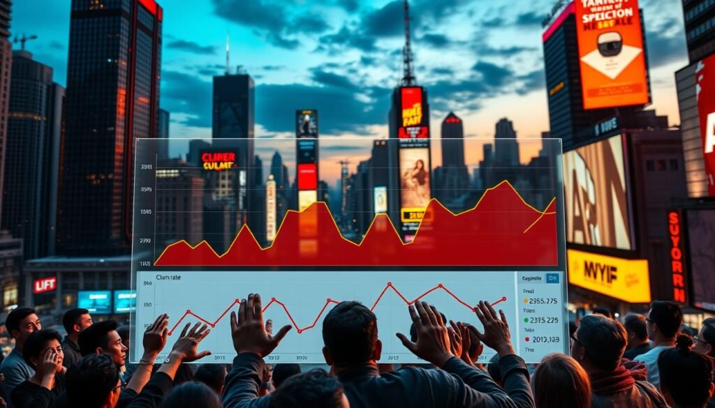 A sprawling cityscape at dusk, with towering skyscrapers and neon-lit billboards. In the foreground, a data visualization dashboard displays a line graph depicting customer churn rates for a subscription-based service. The graph's red and yellow lines fluctuate erratically, symbolizing the challenges of retaining customers in the competitive subscription economy. A cluster of frustrated consumers gestures towards the dashboard, their expressions conveying the tension between perceived value and contractual obligations. The scene is illuminated by a warm, cinematic lighting, creating a sense of urgency and unease. A wide-angle lens captures the scale and complexity of the issue, underscoring the need for strategic solutions to address this key business challenge.