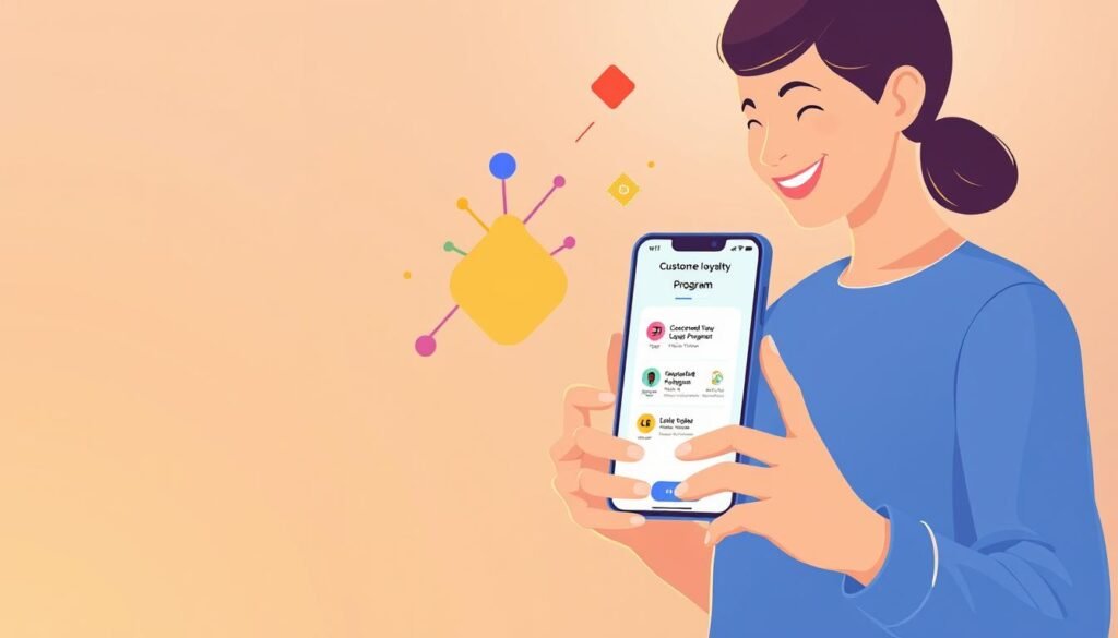 A stylized illustration depicting a customer loyalty program. In the foreground, a smiling person holds a digital device, interacting with a sleek, minimalist mobile app interface showcasing various loyalty program features. In the middle ground, colorful geometric shapes and abstract visual elements represent the integrated and interconnected nature of the loyalty program. The background features a subtle gradient, creating a sense of depth and emphasizing the digital, tech-forward nature of the program. Warm, inviting lighting casts a soft glow, conveying a feeling of engagement and satisfaction with the loyalty experience. The overall composition is clean, modern, and visually compelling, reflecting the effectiveness and value of the customer loyalty program.