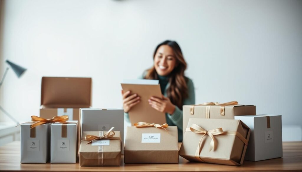 A subscription box service offering personalized, sustainable experiences. In the foreground, an array of elegantly designed subscription boxes, each representing a unique service or product. In the middle ground, a customer unboxing one of the packages, their face filled with delight. The background depicts a minimalist, modern setting, with clean lines and soft lighting, emphasizing the high-quality, curated nature of the offerings. The scene conveys a sense of thoughtfulness, attention to detail, and a commitment to creating a more personalized and eco-conscious shopping experience.