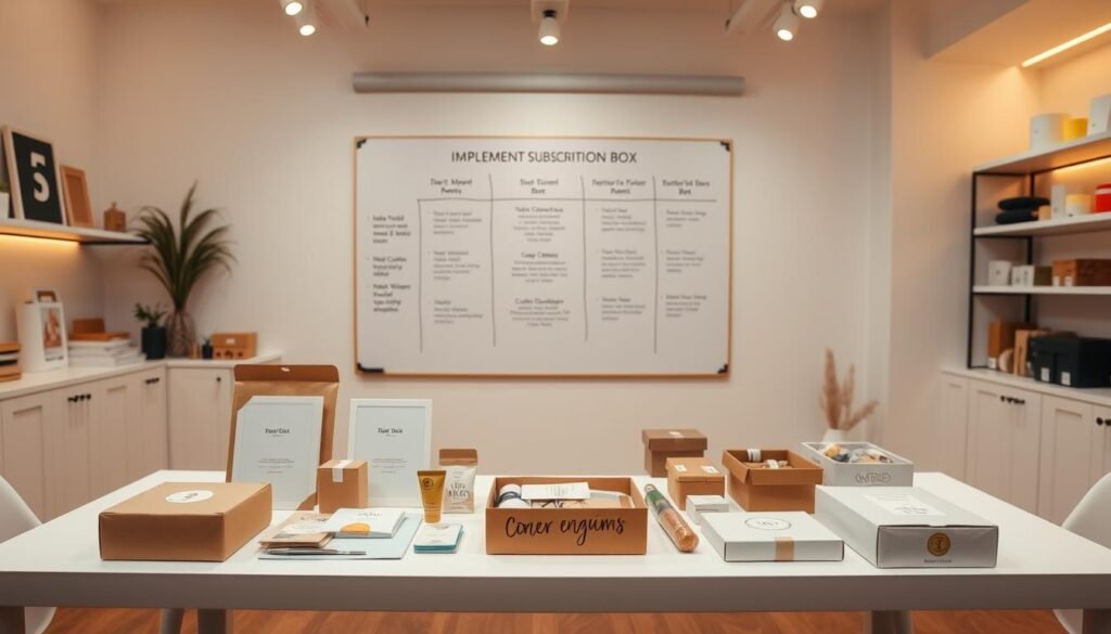 A subscription box studio with a clean, minimal aesthetic. In the foreground, various subscription box packaging and contents are neatly arranged on a white table, showcasing the thoughtful curation and attention to detail. The middle ground features a large whiteboard with a step-by-step plan for implementing the subscription box, with key milestones and action items. In the background, shelves display sample subscription box products, providing inspiration and a sense of the final offering. Warm, diffused lighting accentuates the professional, organized workspace, conveying a sense of efficiency and seamless execution. The overall scene communicates a methodical, well-planned approach to launching a successful subscription box service.