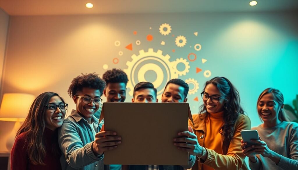 A vibrant and engaging scene depicting the essence of customer loyalty in the age of subscription-based business models. In the foreground, a group of diverse individuals enthusiastically engages with a sleek, modern subscription box, their faces alight with excitement and a sense of belonging. In the middle ground, a dynamic representation of the subscription model's transformation, with interlocking gears and symbols of growth and innovation. The background showcases a warm, inviting atmosphere, with a soft, diffused lighting that creates a sense of comfort and trust. Subtle details, such as personalized touches and the integration of technology, convey the seamless and tailored nature of the subscription experience. The overall composition evokes a feeling of loyalty, community, and the power of innovative business models to captivate and retain customers.