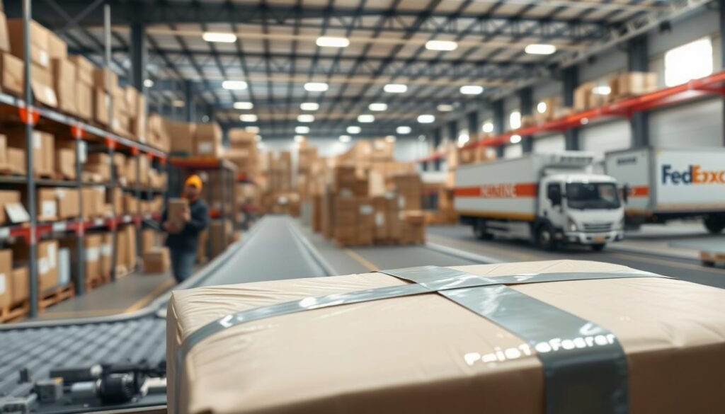 A warehouse interior with orderly shelves stocked with neatly packaged boxes, conveyor belts efficiently transporting items, and workers meticulously fulfilling orders. Bright, soft lighting illuminates the scene, creating a sense of calm efficiency. In the foreground, a close-up of a parcel being carefully sealed with premium packing tape, showcasing the attention to detail in the shipping process. The background features large shipping containers and delivery trucks waiting to transport the packages, conveying the scale and logistics of the fulfillment operation. An atmosphere of reliability, timeliness, and quality control permeates the scene, reflecting the section's focus on the shipping experience. A warehouse interior with orderly shelves stocked with neatly packaged boxes, conveyor belts efficiently transporting items, and workers meticulously fulfilling orders. Bright, soft lighting illuminates the scene, creating a sense of calm efficiency. In the foreground, a close-up of a parcel being carefully sealed with premium packing tape, showcasing the attention to detail in the shipping process. The background features large shipping containers and delivery trucks waiting to transport the packages, conveying the scale and logistics of the fulfillment operation. An atmosphere of reliability, timeliness, and quality control permeates the scene, reflecting the section's focus on the shipping experience.