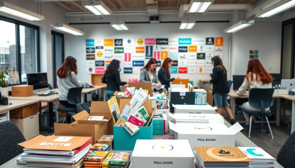 A well-lit and modern office space, with a desk in the foreground showcasing various subscription box packaging and kitting supplies. In the middle ground, a team of professionals collaborating on organizing and assembling the boxes, each wearing casual yet professional attire. The background depicts a wall display with colorful brand logos and marketing materials, hinting at the local beauty brands featured in the subscription service. The overall atmosphere is one of efficiency, creativity, and a focus on delivering a premium customer experience. A well-lit and modern office space, with a desk in the foreground showcasing various subscription box packaging and kitting supplies. In the middle ground, a team of professionals collaborating on organizing and assembling the boxes, each wearing casual yet professional attire. The background depicts a wall display with colorful brand logos and marketing materials, hinting at the local beauty brands featured in the subscription service. The overall atmosphere is one of efficiency, creativity, and a focus on delivering a premium customer experience.