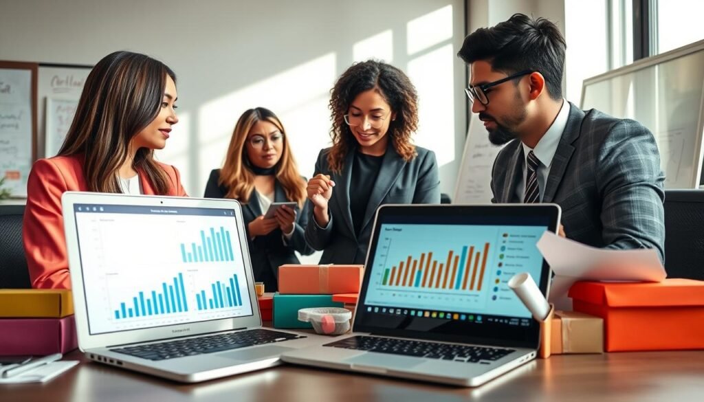 A contemporary office setting focused on "Strategi Pricing yang Efektif" for subscription boxes. In the foreground, a stylishly arranged desk features a laptop displaying graphs and pricing models, surrounded by colorful subscription boxes arranged aesthetically. In the middle, a diverse group of three professionals—two women and one man—are engaged in a discussion, dressed in smart business attire, analyzing the material thoughtfully. The background includes a large window with natural light streaming in, casting soft shadows, and a whiteboard filled with pricing strategy notes. The mood is focused and collaborative, capturing the essence of strategic planning and teamwork in a vibrant, dynamic workspace. The scene is composed using a wide lens to enhance depth.