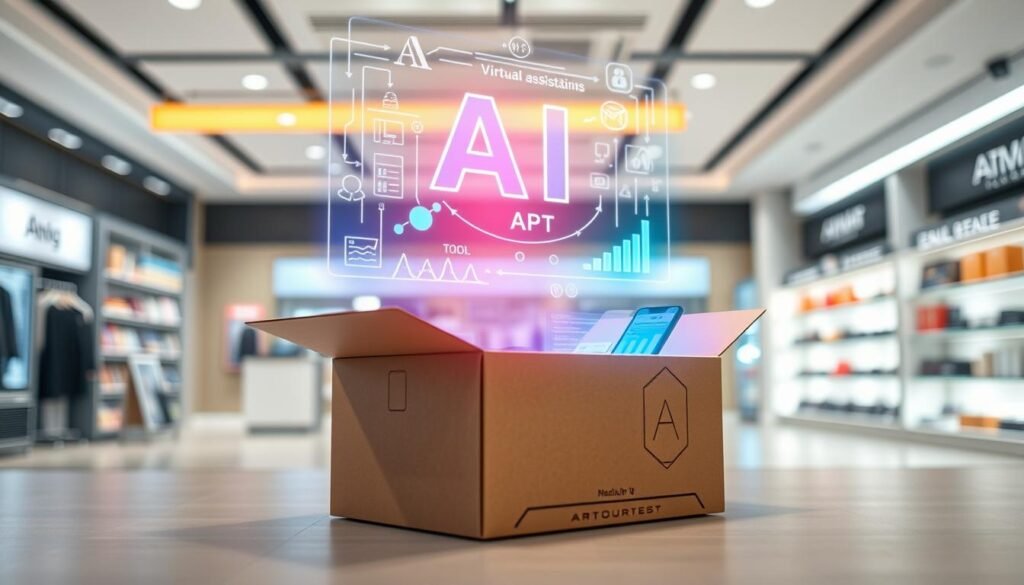 A futuristic subscription box prominently displayed in the foreground, designed with sleek lines and an interactive digital interface showcasing AI technology. The box is half-open, revealing high-tech gadgets, data analytics tools, and virtual assistants inside. In the middle ground, a glowing holographic representation of AI algorithms and analytics float above the box, casting vibrant colors. The background features a modern retail environment with a minimalistic, tech-savvy design, emphasizing digital connectivity and innovation. Soft, ambient lighting creates a professional atmosphere, highlighting the importance of AI in the evolution of subscription services. The perspective is slightly angled to give depth, capturing the essence of advanced technology in retail.