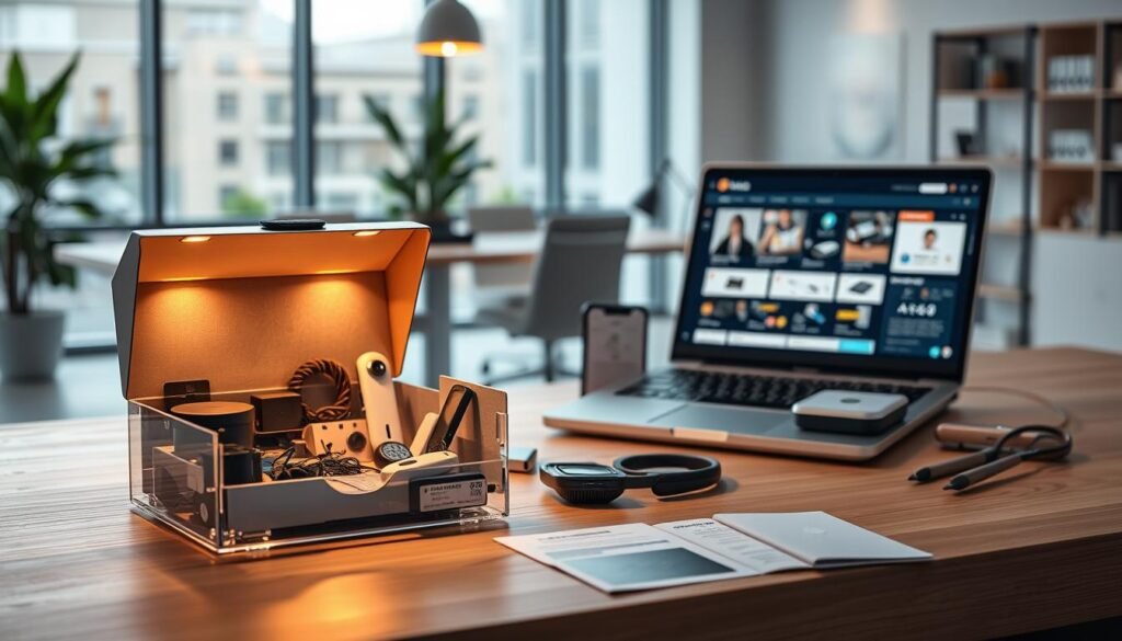 A modern digital workspace featuring a variety of subscription boxes displaying advanced technology products. In the foreground, a sleek, transparent subscription box filled with gadgets like smart devices, IoT sensors, and tech accessories, subtly illuminated by soft, warm lighting. In the middle ground, a stylish desk with a laptop showing a subscription management platform interface, surrounded by organized tech-related materials. The background showcases a minimalistic office with a large window allowing natural light to flood the space, creating an inviting atmosphere. The overall mood should feel innovative and professional, emphasizing the intersection of technology and business. The image should be captured from a slightly angled perspective to give depth and dynamism to the scene.
