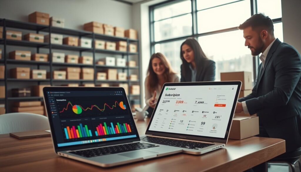 A modern digital workspace showcasing the essence of a subscription business. In the foreground, a sleek laptop displays a dynamic subscription dashboard with colorful graphs and charts. A diverse group of three professionals in smart business attire is gathered around the table, discussing strategies, their expressions focused and engaged. In the middle ground, shelves filled with neatly packaged subscription boxes are visible, hinting at various consumer products. The background features large windows with natural light flooding in, creating a bright and optimistic atmosphere. The scene is captured with a slight wide-angle lens to emphasize collaboration, while soft shadows add depth. The overall mood is innovative and energetic, reflecting the transformative impact of technology in subscription services.