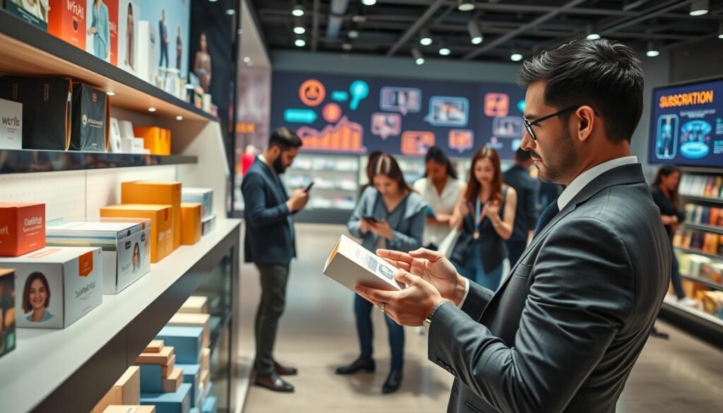 A modern retail environment showcasing a servitization model in action, featuring diverse subscription boxes elegantly displayed on a sleek, contemporary store shelf. In the foreground, a well-dressed business professional examines a subscription box, highlighting its unique offerings. In the middle ground, customers of various ages and ethnicities are engaged in a seamless shopping experience, utilizing digital devices to customize their subscriptions. The background includes vibrant graphics illustrating digital transformation and subscription trends, with soft, diffused lighting creating a warm, inviting atmosphere. A high-angle view captures the interconnectedness of retail and digital innovation, emphasizing a dynamic and collaborative space. The scene is lively yet professional, encapsulating the essence of modern retail evolution.