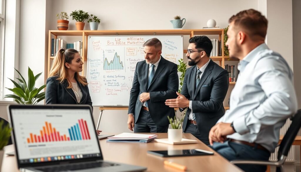 A professional and modern workspace focusing on affiliate marketing strategies, featuring a diverse group of individuals engaged in a brainstorming session. In the foreground, a laptop displays analytical graphs and affiliate links while a woman in smart casual attire discusses strategies with a man dressed in business attire. The middle shows a whiteboard filled with colorful diagrams and notes about effective affiliate marketing methods that avoid spammy tactics. The background has shelves filled with marketing books and plants for a welcoming atmosphere. Soft, natural lighting illuminates the scene, with a shallow depth of field to emphasize the group. The mood is collaborative and innovative, conveying a sense of professionalism and creativity in marketing strategies.