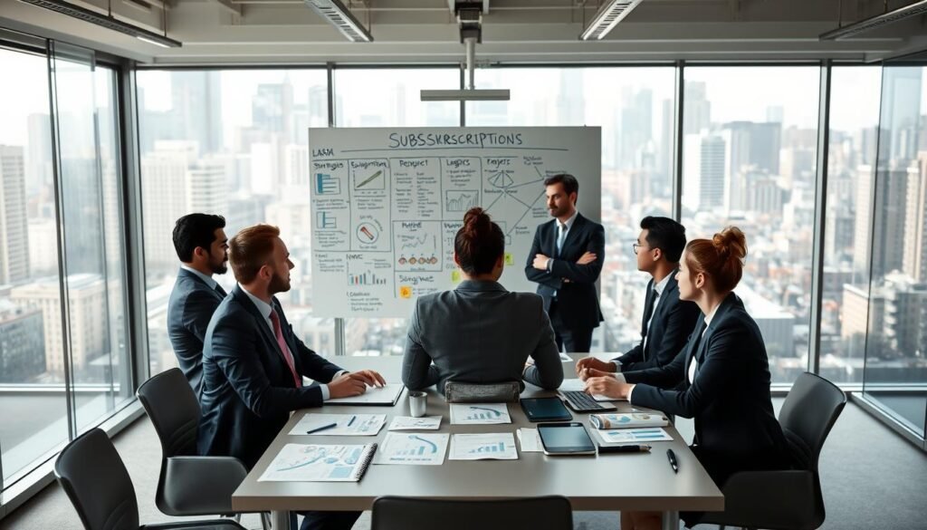 A professional business setting showcasing the challenges of subscription-based businesses. In the foreground, a diverse group of business professionals in smart attire discuss strategies around a modern conference table, with papers and digital devices showcasing chart analyses and subscription metrics. In the middle, a large whiteboard filled with diagrams and post-it notes representing challenges such as customer retention and logistics. In the background, floor-to-ceiling windows reveal a busy urban landscape, symbolizing a thriving market. Soft natural lighting filters through, creating a dynamic and engaging atmosphere. The focus should be on collaboration, innovation, and problem-solving, highlighting the proactive approach to overcoming subscription business challenges.