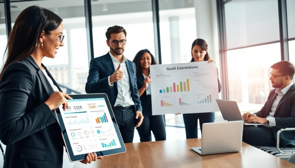 A professional office setting showcasing a diverse group of four business people analyzing customer retention strategies for a subscription box service. In the foreground, one woman in business attire points at a large tablet, displaying customer data and engagement metrics. In the middle ground, a man gestures with a chart illustrating growth and loyalty strategies, while another woman takes notes, and a man analyzes trends on a laptop. The background features a sleek, modern office with large windows allowing natural light to illuminate the scene, creating a bright and optimistic atmosphere. Use a wide-angle lens to capture the collaborative environment, emphasizing teamwork and innovation. The mood is focused and professional, highlighting the importance of strategic thinking in customer retention.