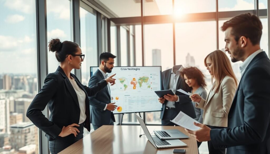 A sleek modern office environment, depicting a diverse group of professionals in business attire, actively engaging in a strategic planning session to build crisis-resistant business strategies for 2025. In the foreground, a confident woman points at a digital strategy map displayed on a large screen, while a man analyzes data on his laptop. In the middle ground, another team member takes notes, showcasing collaboration and focus. The background features large windows with a view of a bustling cityscape under a bright, optimistic sky. Soft, natural lighting enhances the atmosphere of innovation and determination. The image should convey a sense of resilience, hope, and proactive business strategy development, suitable for an article on anti-recession business sectors.