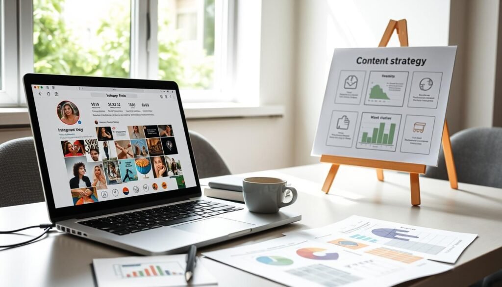 A stylish workspace showcasing a vibrant Instagram content strategy. In the foreground, a laptop with an open Instagram profile displaying engaging visuals of products, curated posts, and analytics charts. Beside the laptop, a coffee cup and some notepads with colorful sketches of content ideas. In the middle, a chart on an easel outlining different content strategies, featuring icons of followers, engagement, and product sales. In the background, a bright window with greenery outside for a refreshing atmosphere. Soft, natural light streams in, casting gentle shadows, creating a focused yet relaxed mood. A modern aesthetic with a professional touch, promoting a sense of creativity and business acumen.