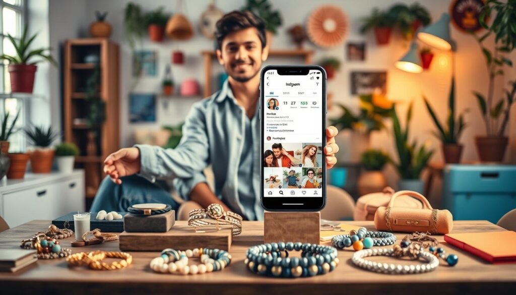 A vibrant and engaging Instagram promotional scene, featuring a confident, young entrepreneur in casual business attire, standing beside a well-organized table showcasing an array of trendy products. The foreground includes eye-catching items like handmade jewelry and stylish accessories, illuminated by soft, warm lighting. In the middle ground, a smartphone displays an Instagram profile with an aesthetically pleasing layout, featuring engaging posts and vibrant photos of the products. The background features a cozy, creative workspace filled with plants and colorful decorations, giving a sense of energy and inspiration. The overall mood is enthusiastic and motivational, conveying effective promotional techniques with minimal budget through the imagery of social media success.